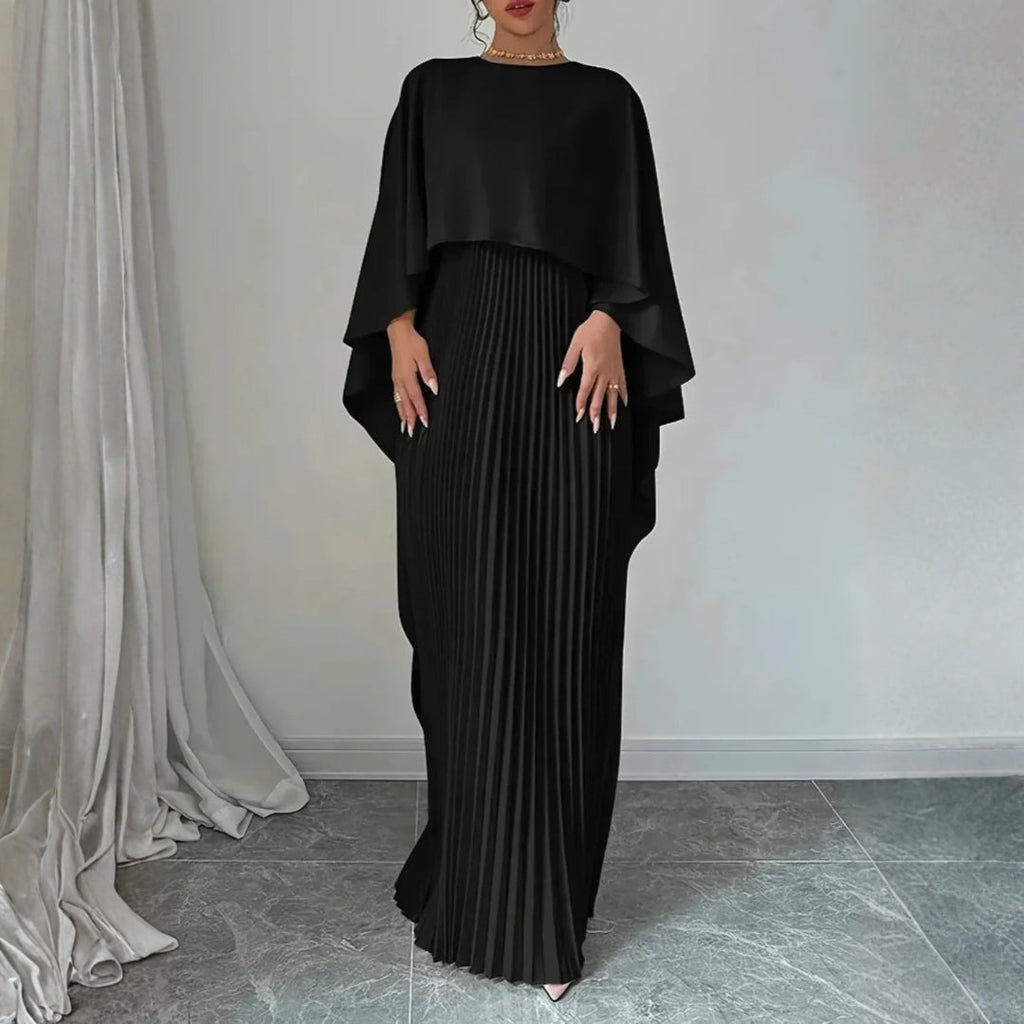 Women's Pleated Cape Wedding Guest Maxi Dress – Draped Evening Occasion Dress