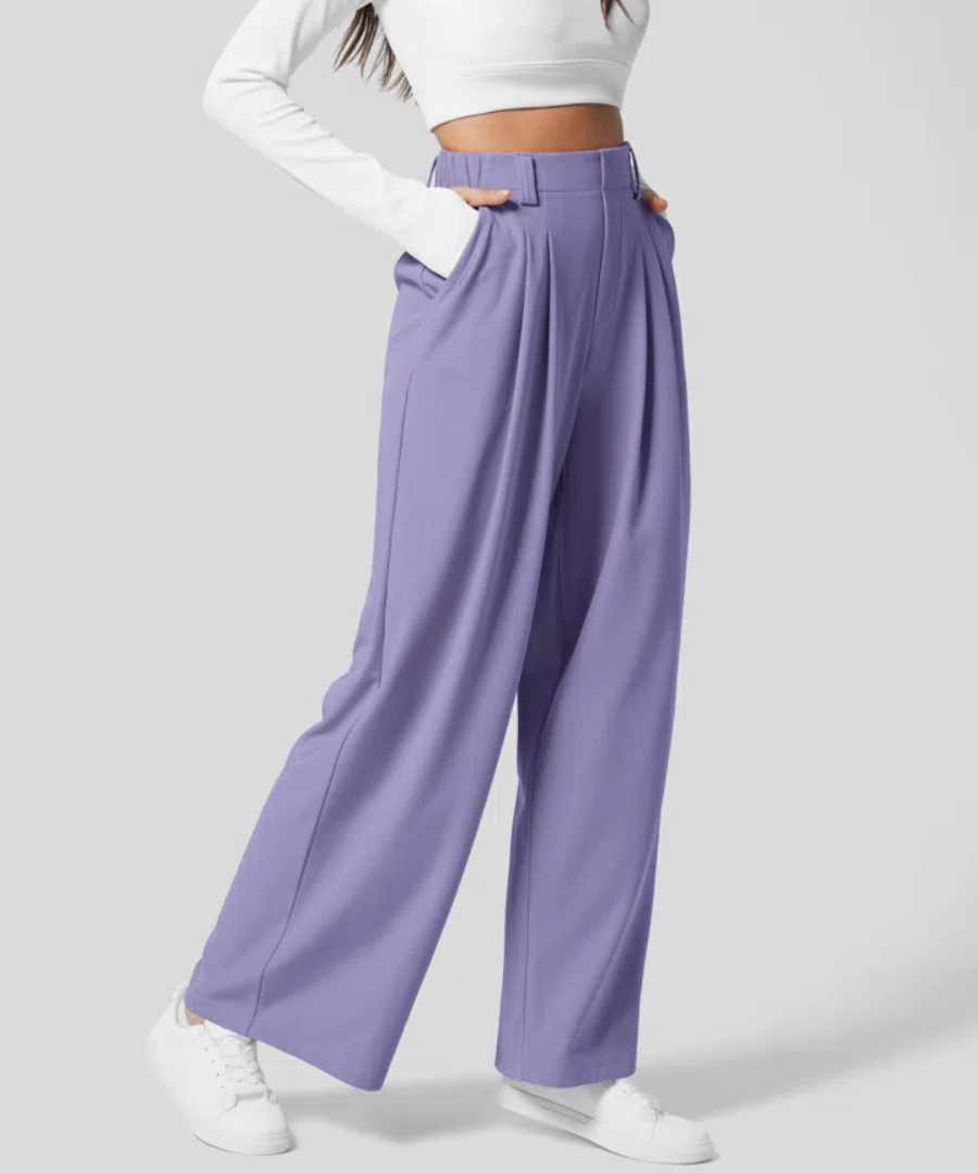 Women's High Waisted Four Pocket Pants – Elastic Waist Wide Leg Trousers