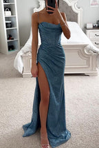 Women's Sweetheart Neck Maxi Dress – Sparkle High Slit Evening Dress
