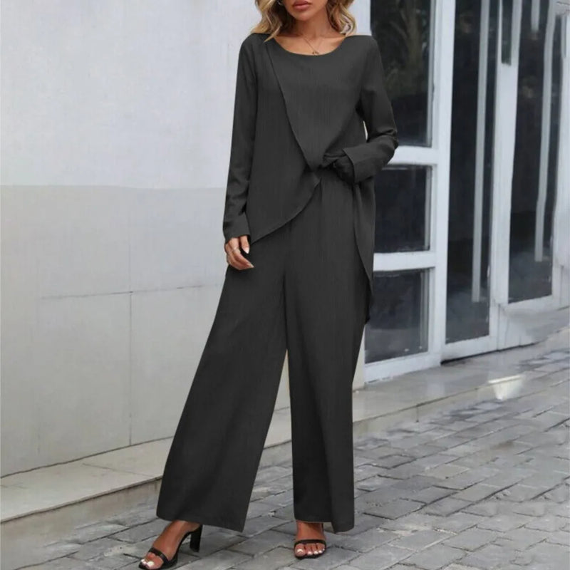Women's Wrap Front Pants Set – Asymmetrical Top & Wide Leg Co-Ord Set