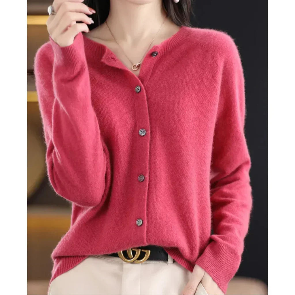 Women's Round Neck Button Cardigan – Classic Long Sleeve Cardigan