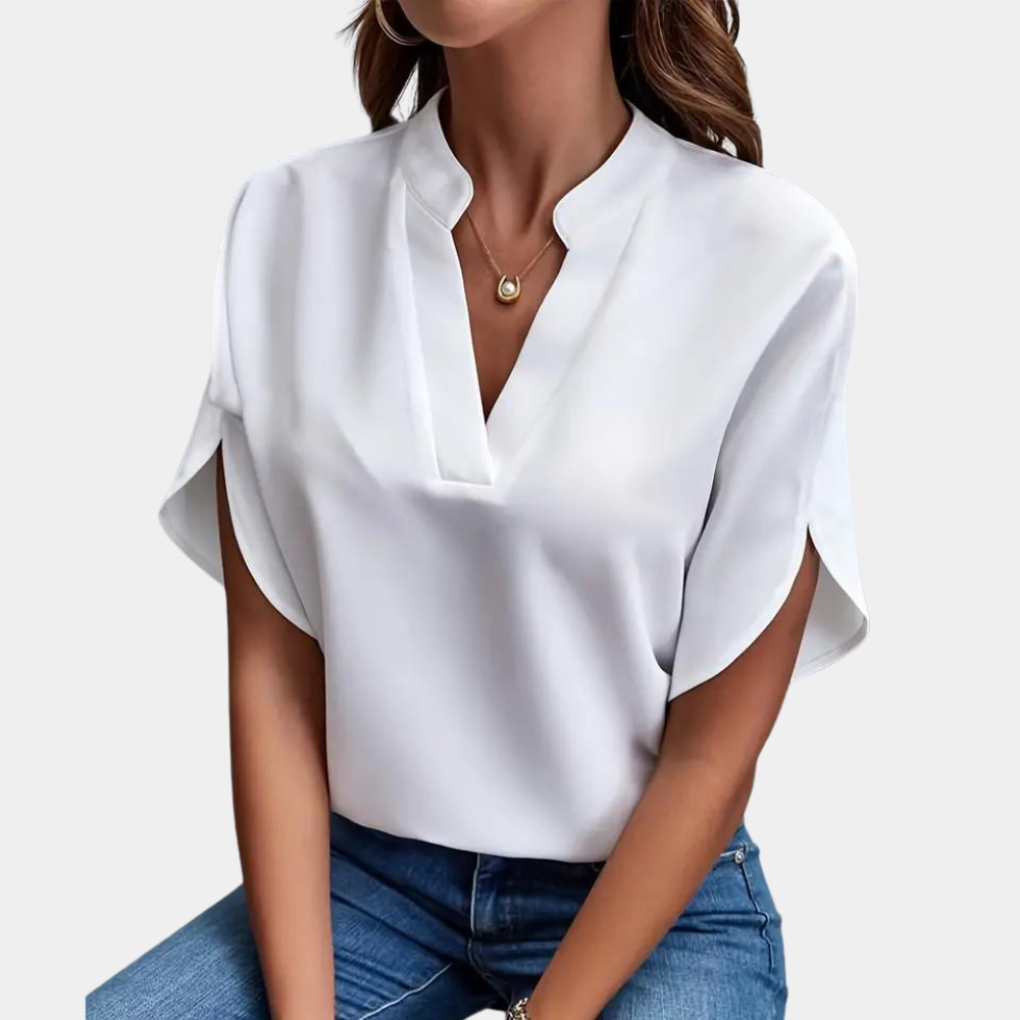 Women's Stand Collar Summer Blouse – Short Sleeve V-Neck Blouse