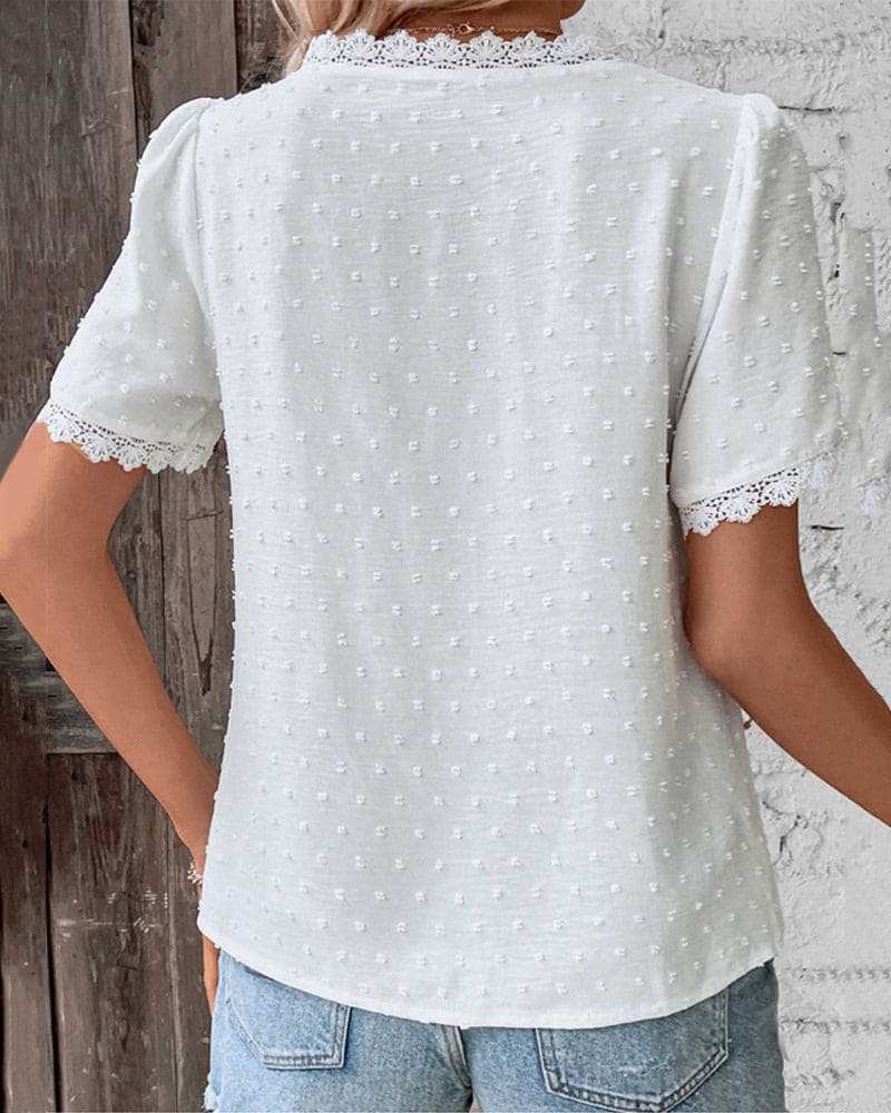 Women's Short Sleeve Lace Blouse – V-Neck Detail Blouse