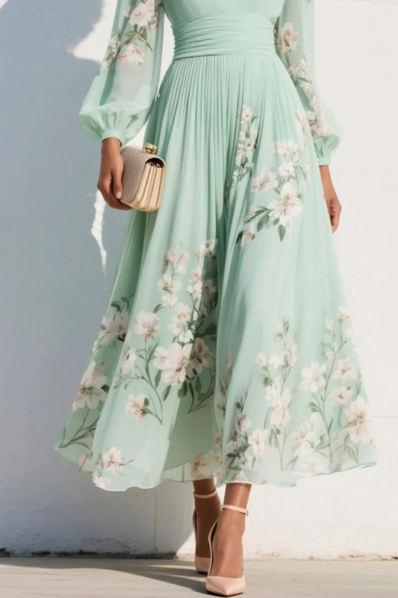 Women's Floral Pleated Wedding Guest Midi Dress – Flowy Evening Occasion Dress