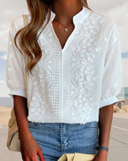 Women's V-Neck Long Sleeve Blouse – Puff Sleeve Relaxed Blouse