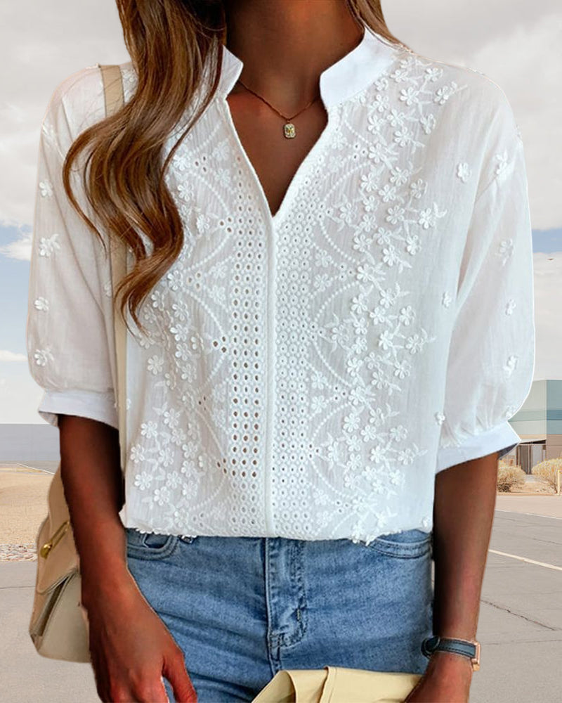 Women's V-Neck Long Sleeve Blouse – Puff Sleeve Relaxed Blouse