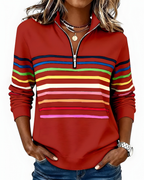 Women's High Neck Zip Sweater – Striped Zip Front Pullover