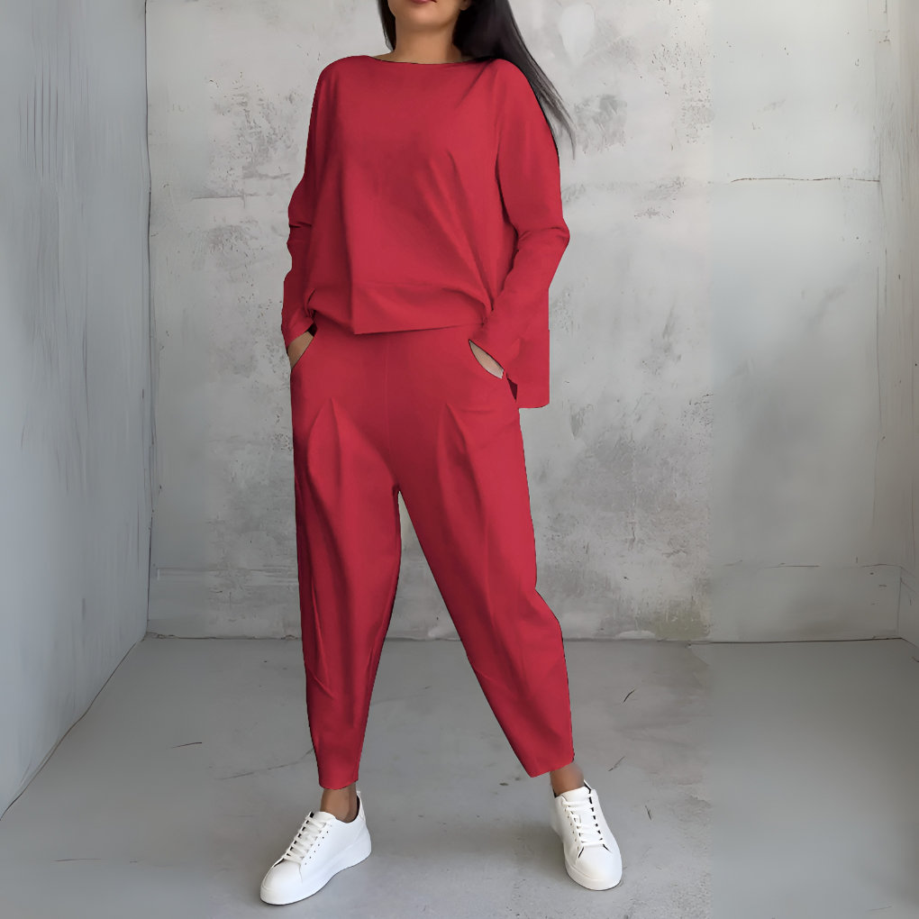 Women's Crew Neck Pants Set – Long Sleeve Relaxed Lounge Set