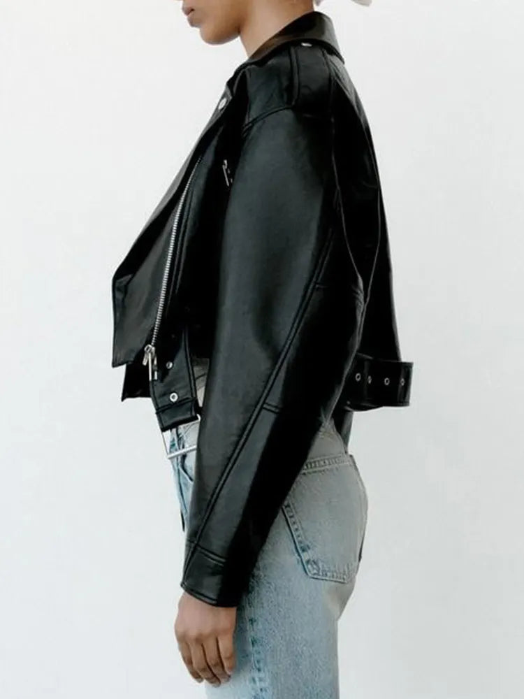 Women's Cropped Moto Jacket – Belted Faux Leather Biker Jacket