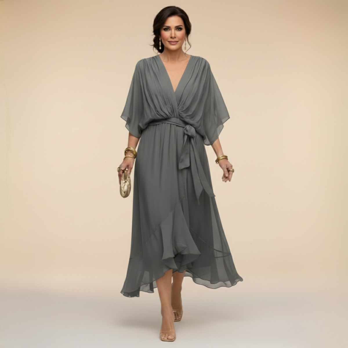 Women's Long Sleeve V-Neck Dress – Flowy Day-to-Evening Occasion Dress