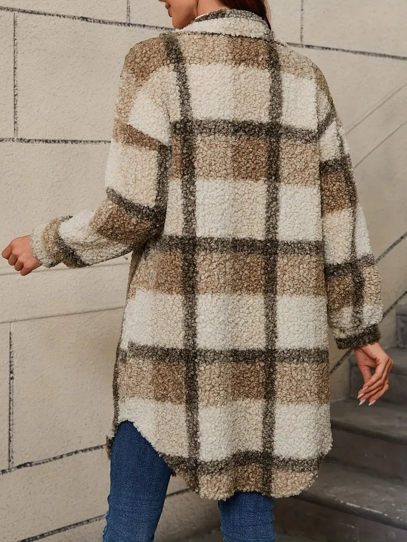 Women's Checked Teddy Coat – Oversized Fleece Winter Overcoat