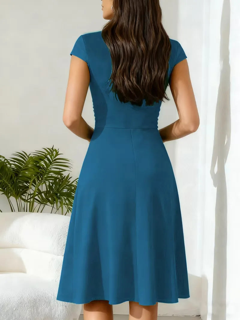 Women's V-Neck Pocket A-Line Dress – Short Sleeve Knee Length Dress