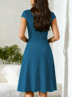 Women's V-Neck Pocket A-Line Dress – Short Sleeve Knee Length Dress