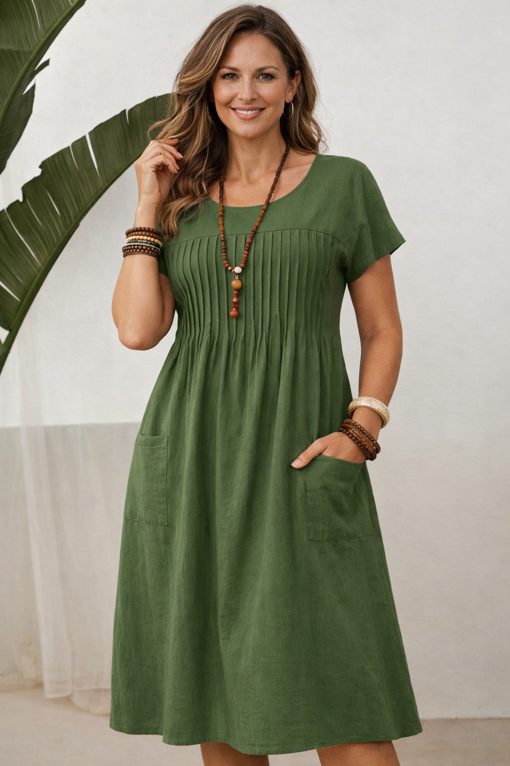 Women's Relaxed Pocket Midi Dress – Long Sleeve Casual Day Dress