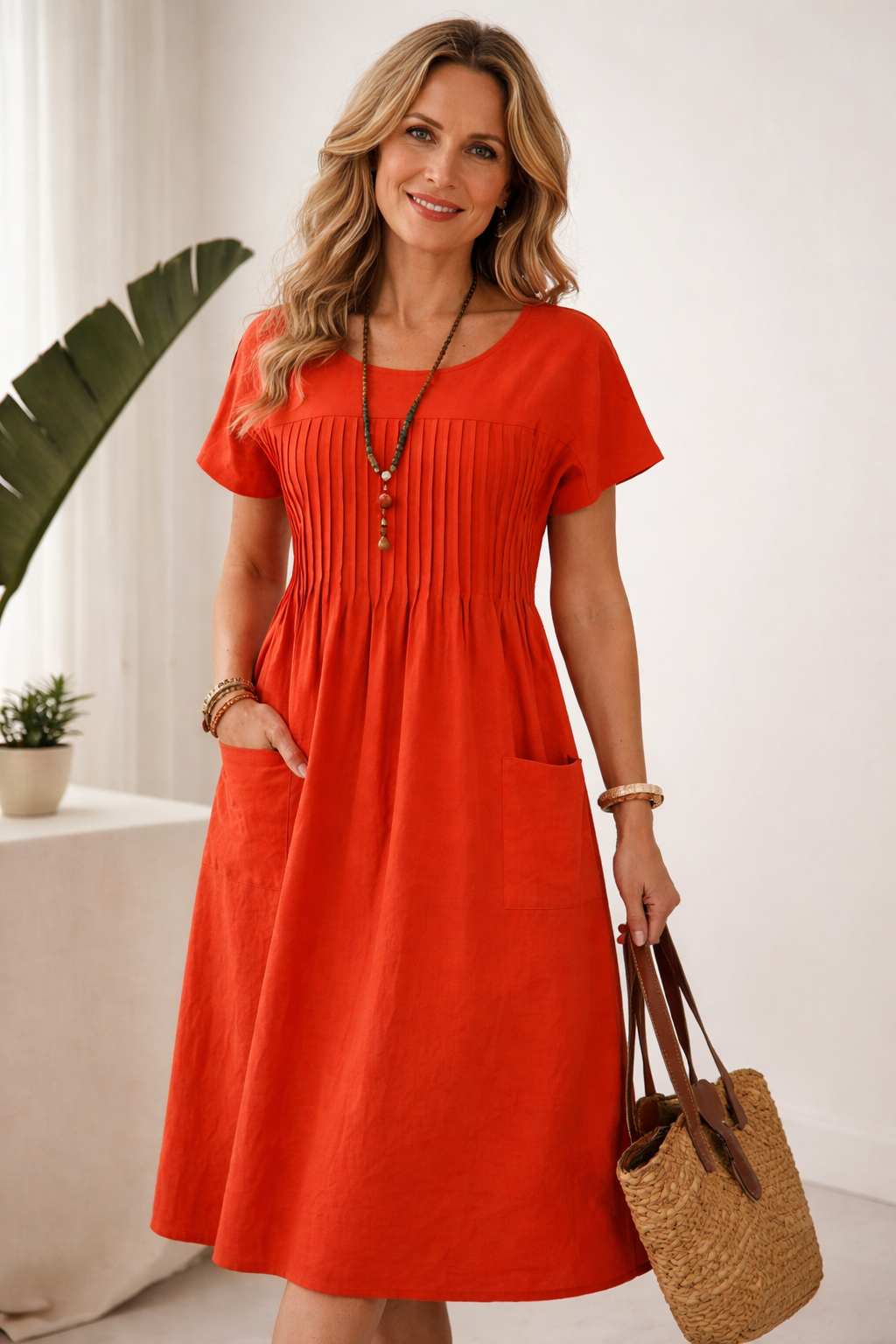 Women's Relaxed Pocket Midi Dress – Long Sleeve Casual Day Dress