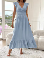 Women's V-Neck Tiered Evening Maxi Dress – Short Sleeve Smocked Waist Dress