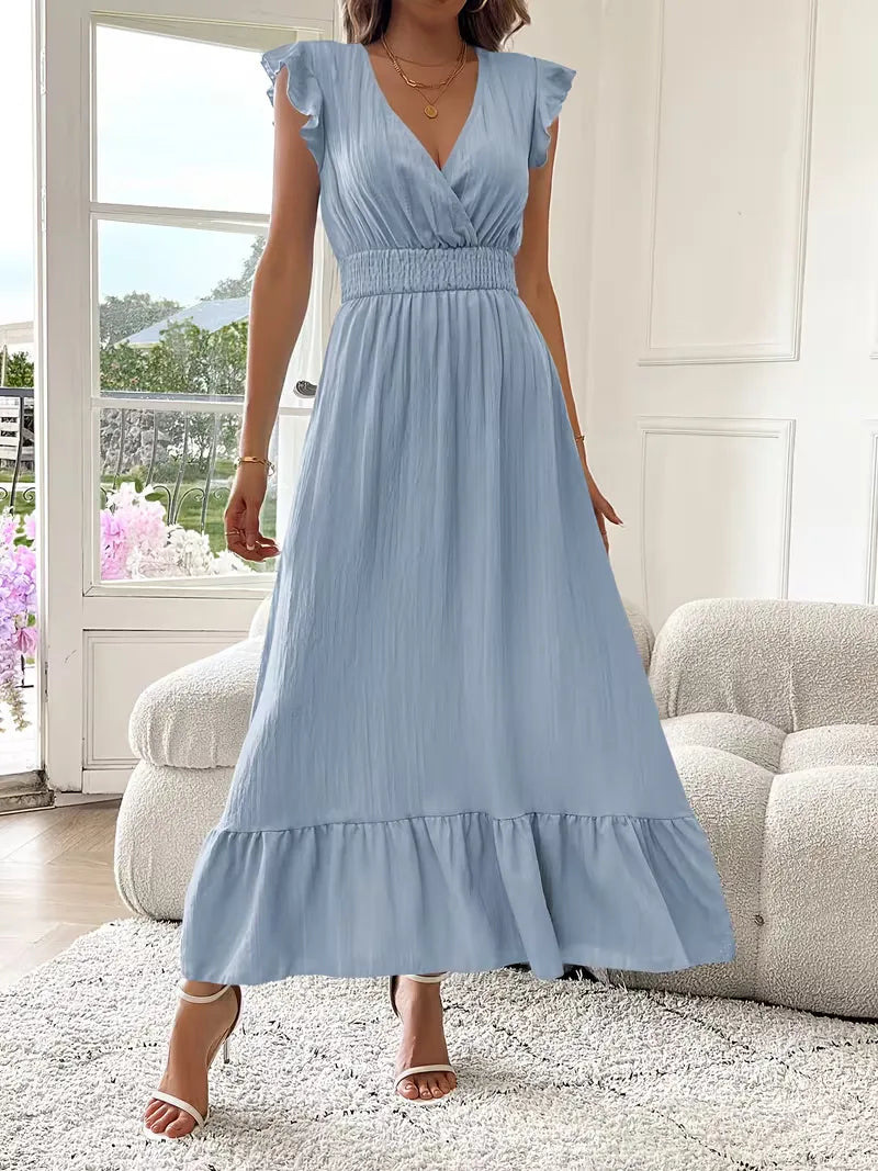 Women's V-Neck Tiered Evening Maxi Dress – Short Sleeve Smocked Waist Dress