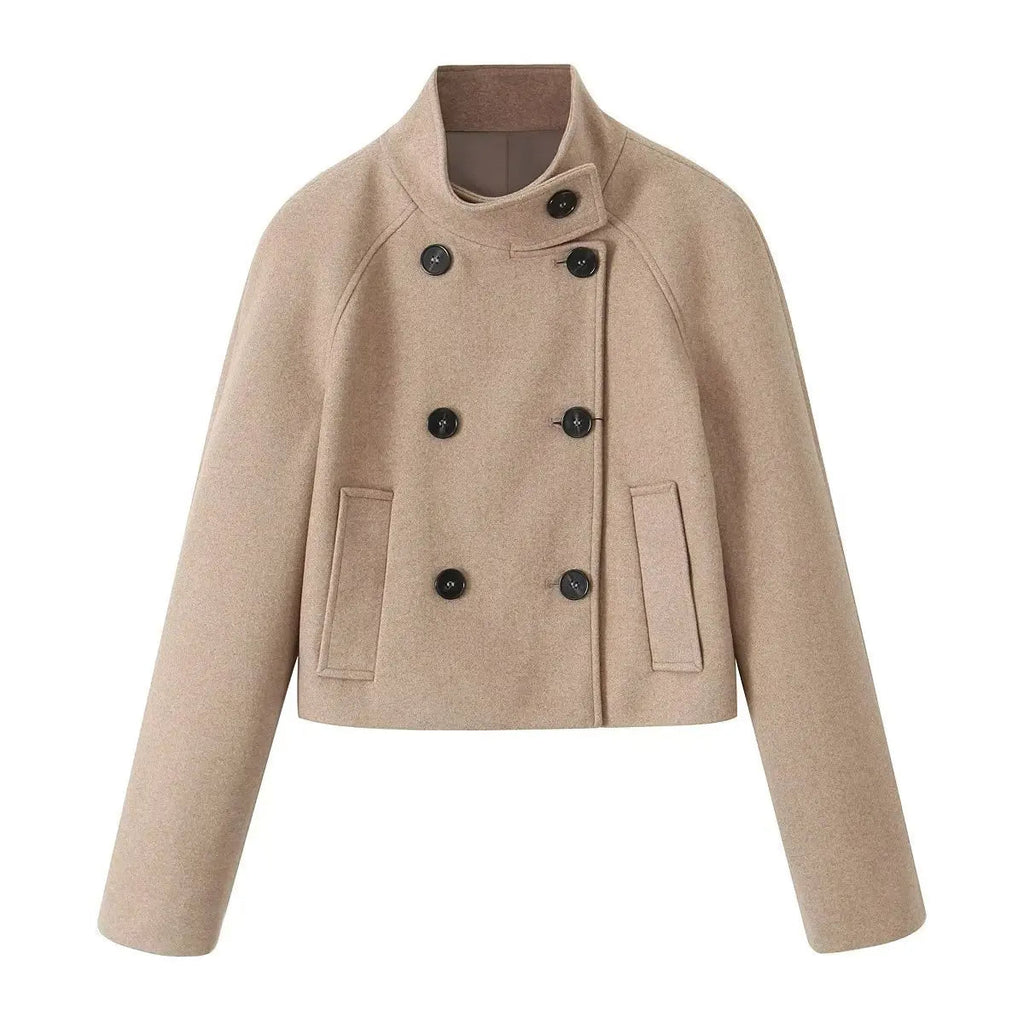 Women's Double-Breasted Winter Coat – Relaxed Stand Collar Overcoat