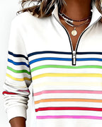 Women's High Neck Zip Sweater – Striped Zip Front Pullover