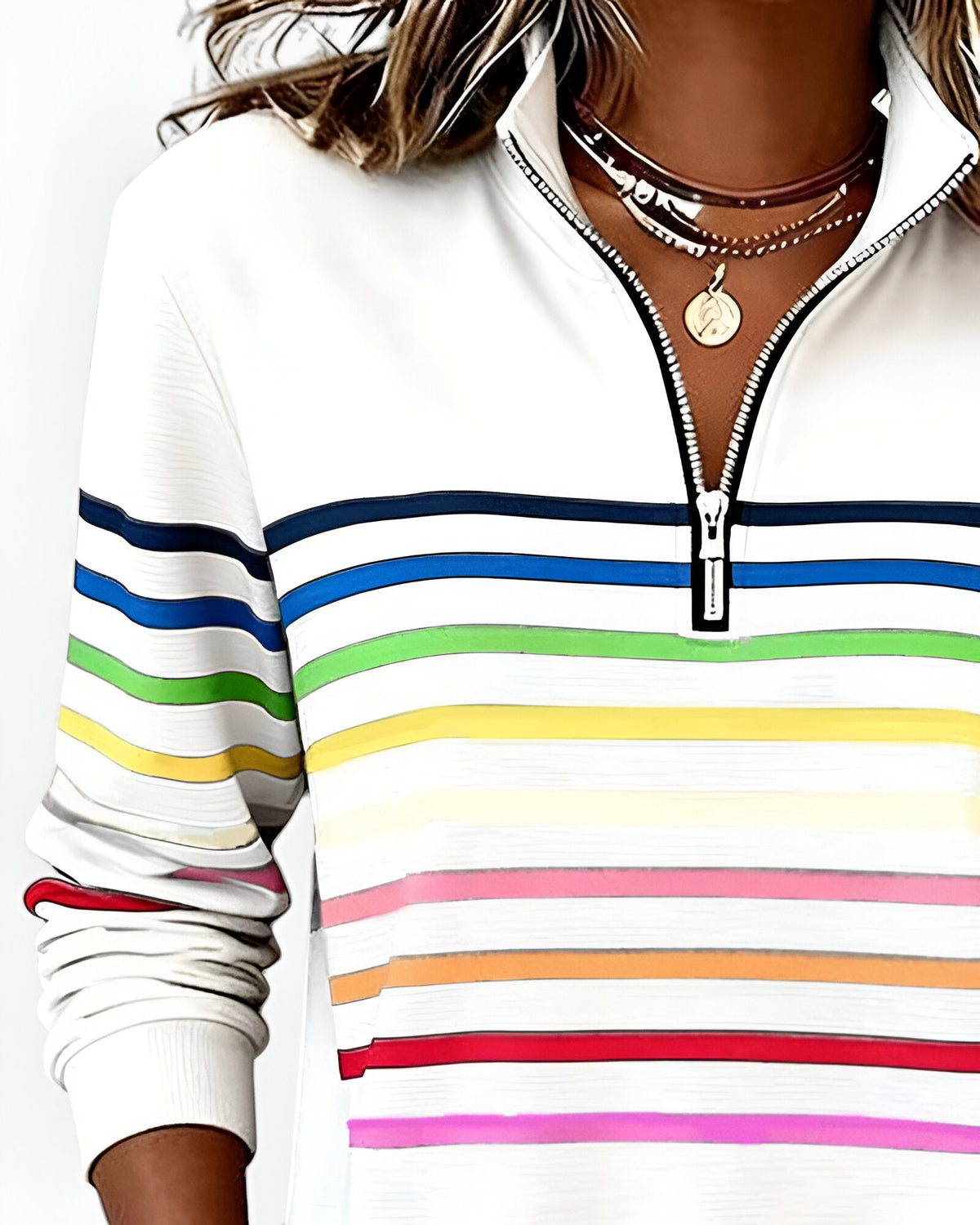 Women's High Neck Zip Sweater – Striped Zip Front Pullover