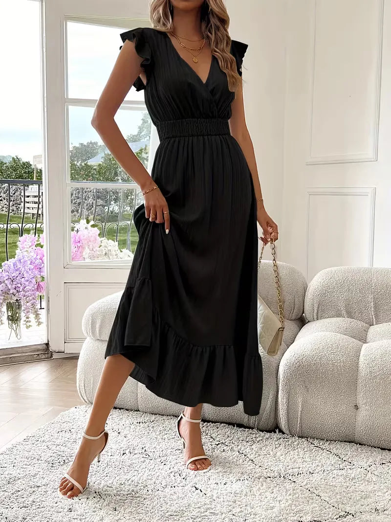 Women's V-Neck Tiered Evening Maxi Dress – Short Sleeve Smocked Waist Dress