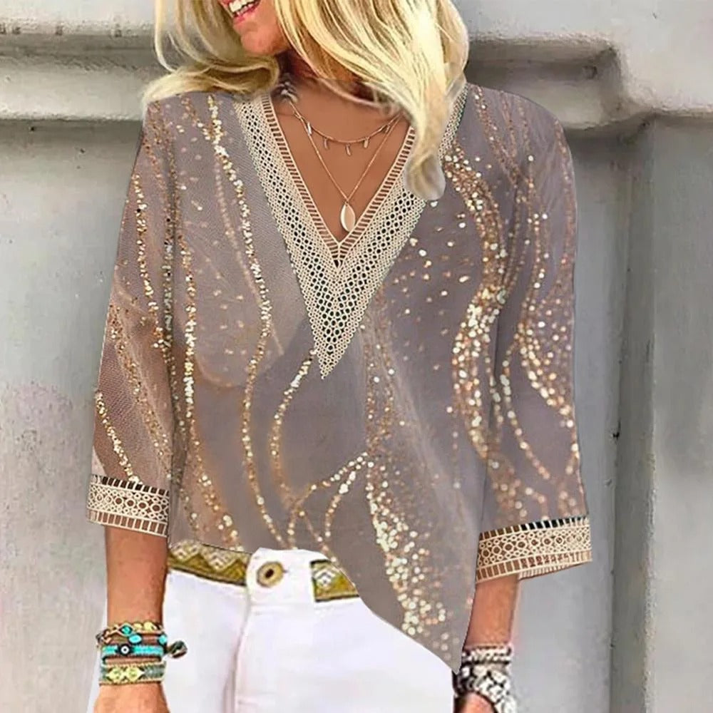 Alanah | Gold Accent Lace Tunic Blouse with v-neck and relaxed fit