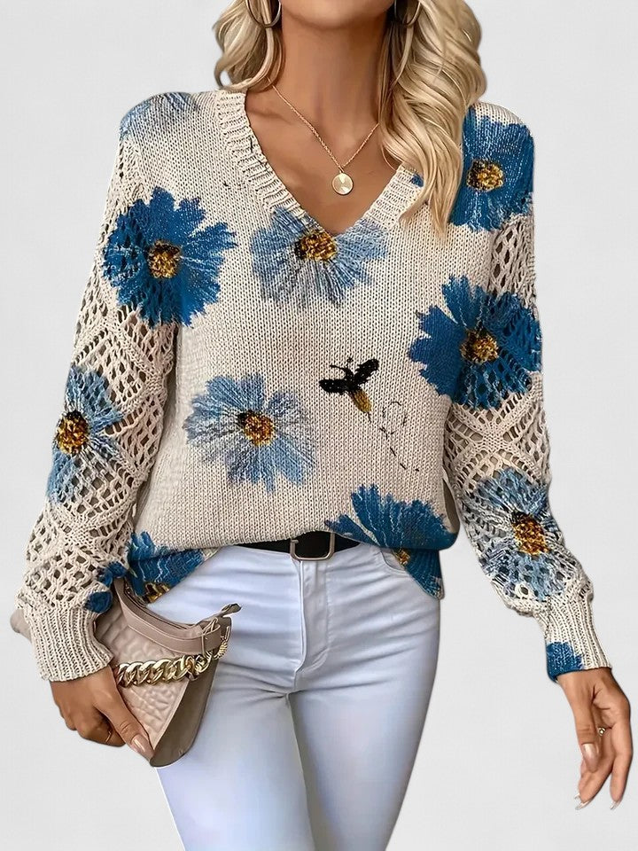 Women's V-Neck Floral Cardigan – Button Front Patterned Knit Cardigan