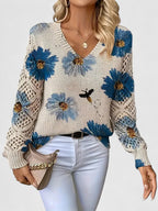 Women's V-Neck Floral Cardigan – Button Front Patterned Knit Cardigan