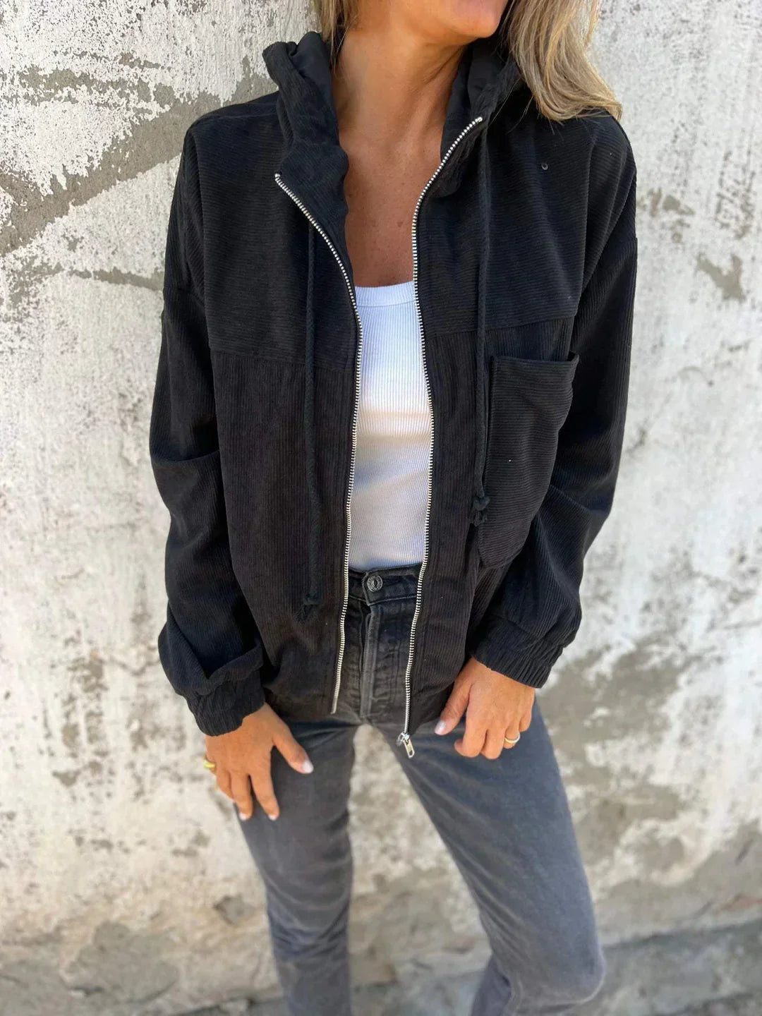 Women's Ribbed Hoodie Jacket – Zip Front Casual Jacket