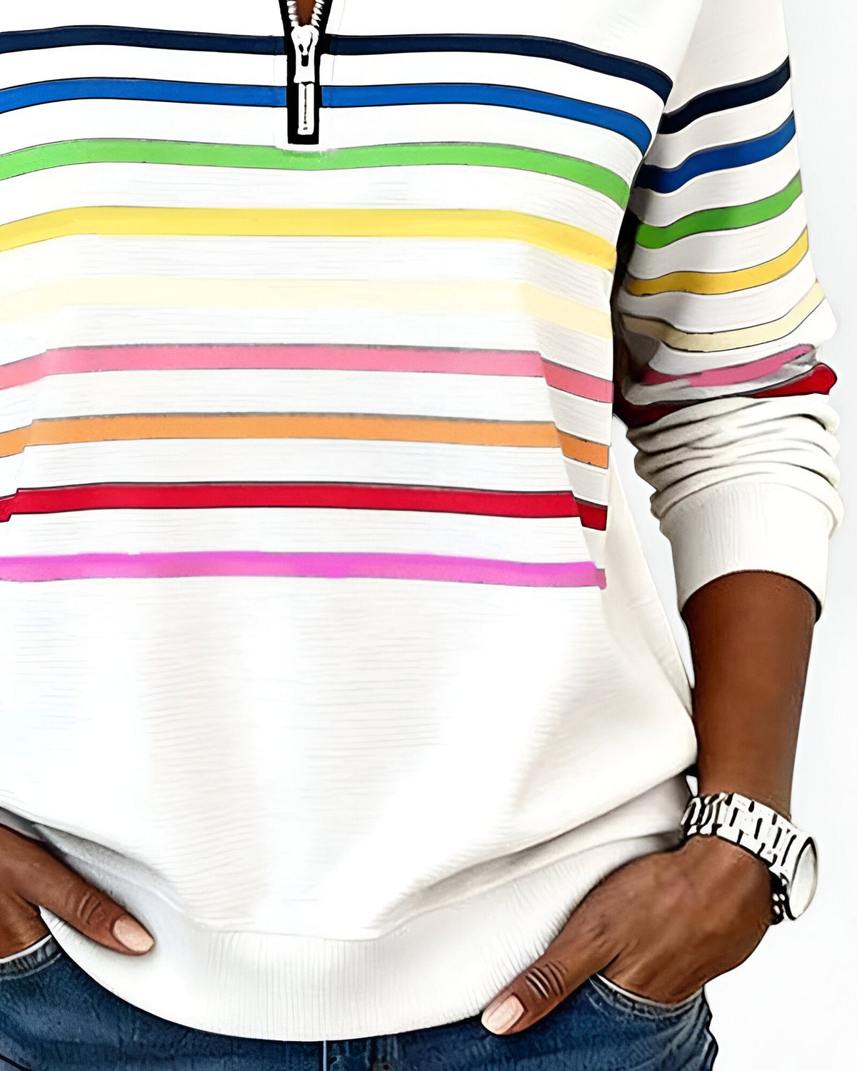 Women's High Neck Zip Sweater – Striped Zip Front Pullover