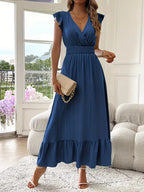 Women's V-Neck Tiered Evening Maxi Dress – Short Sleeve Smocked Waist Dress