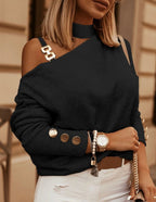Women's Off-Shoulder Knit Sweater – Chain Strap Button Detail Sweater