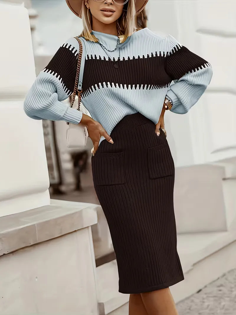 Women's Ribbed Knit Skirt Set – High Neck Sweater Co-Ord