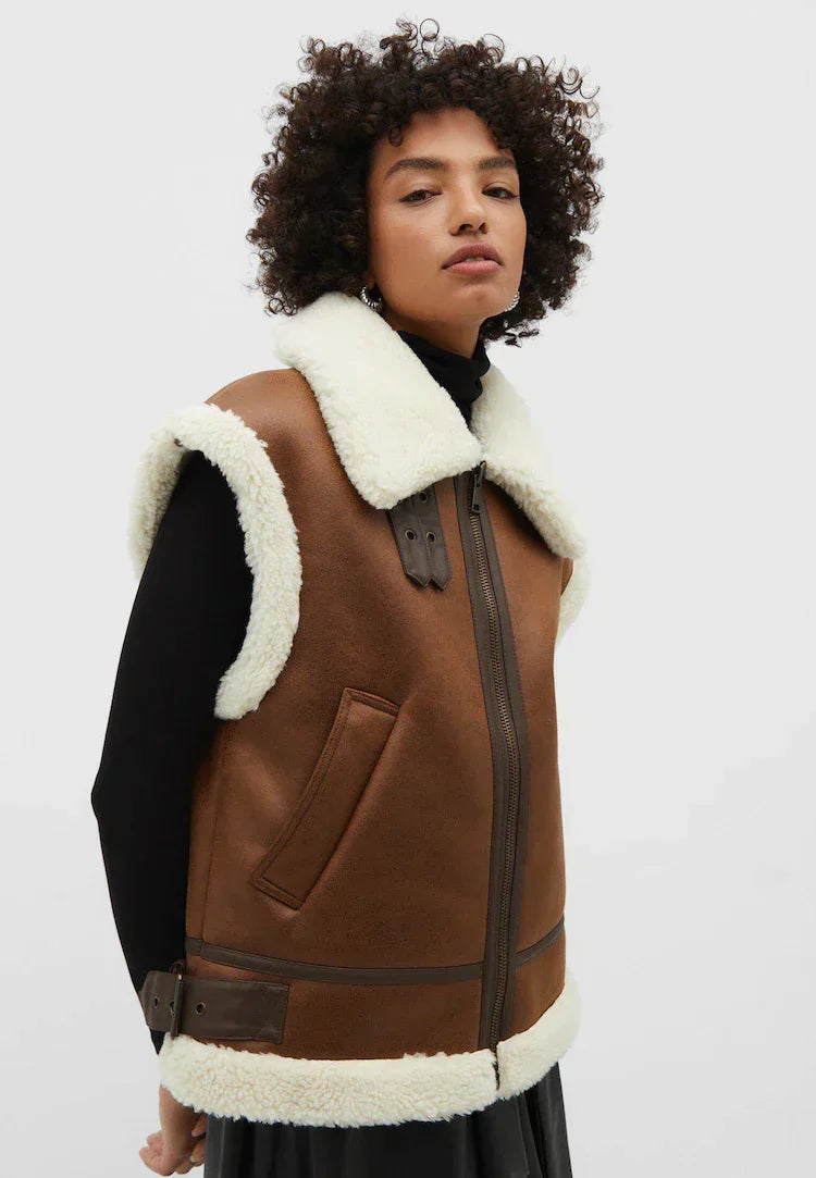Women's Sleeveless Faux Leather Vest – Fur Lined Winter Gilet