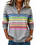 Women's High Neck Zip Sweater – Striped Zip Front Pullover