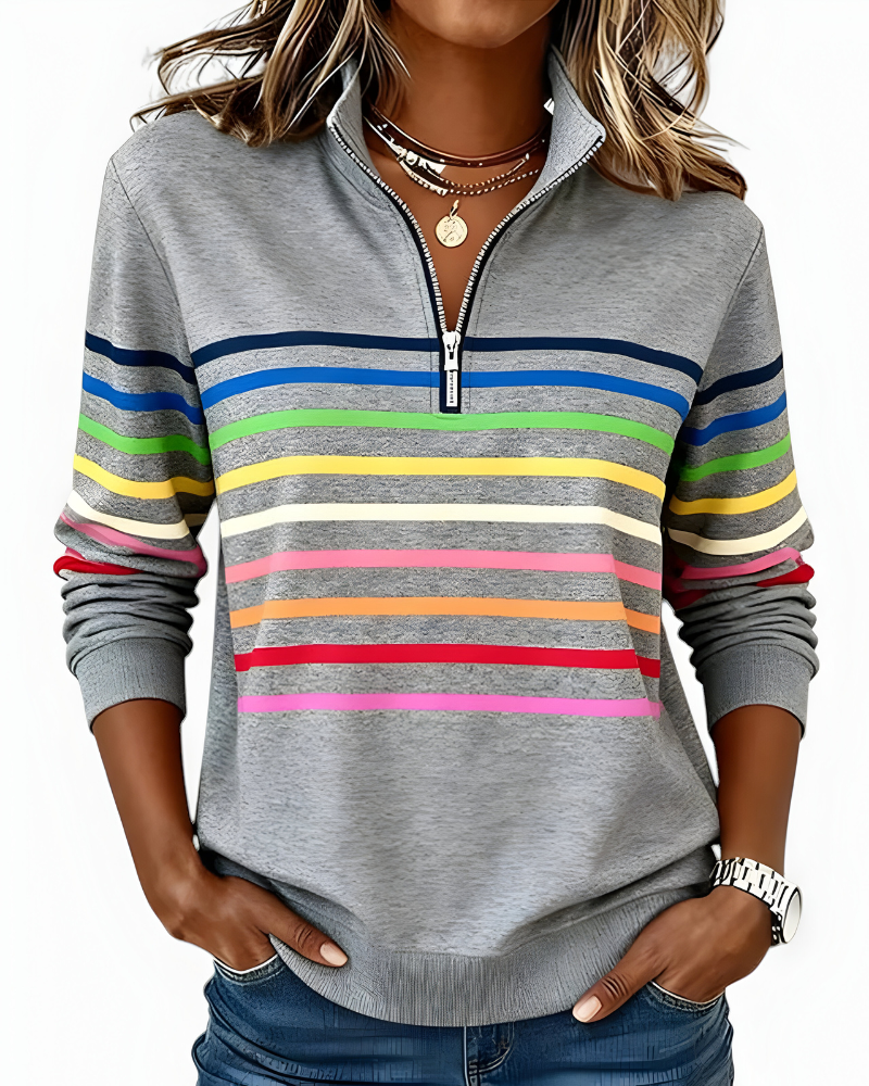 Women's High Neck Zip Sweater – Striped Zip Front Pullover