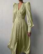 Women's V-Neck Wedding Guest Maxi Dress – Lantern Sleeve Flowy Formal Dress