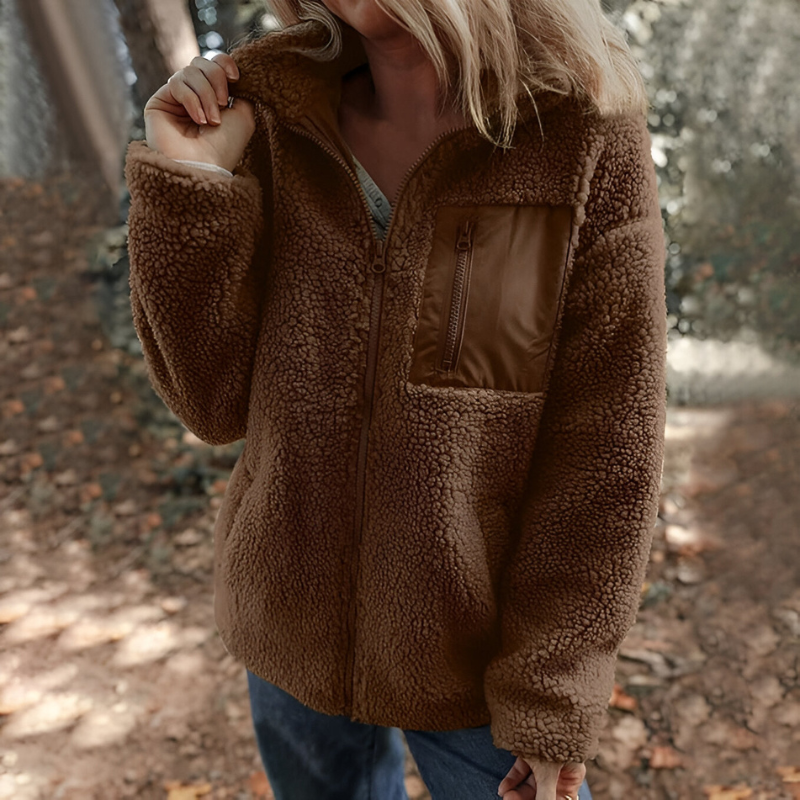 Women's Teddy Fleece Jacket – Zip-Up Stand Collar Winter Jacket