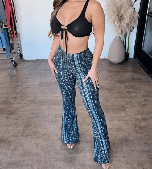 Women's Elastic Waist Printed Flared Pants – Casual Summer Trousers