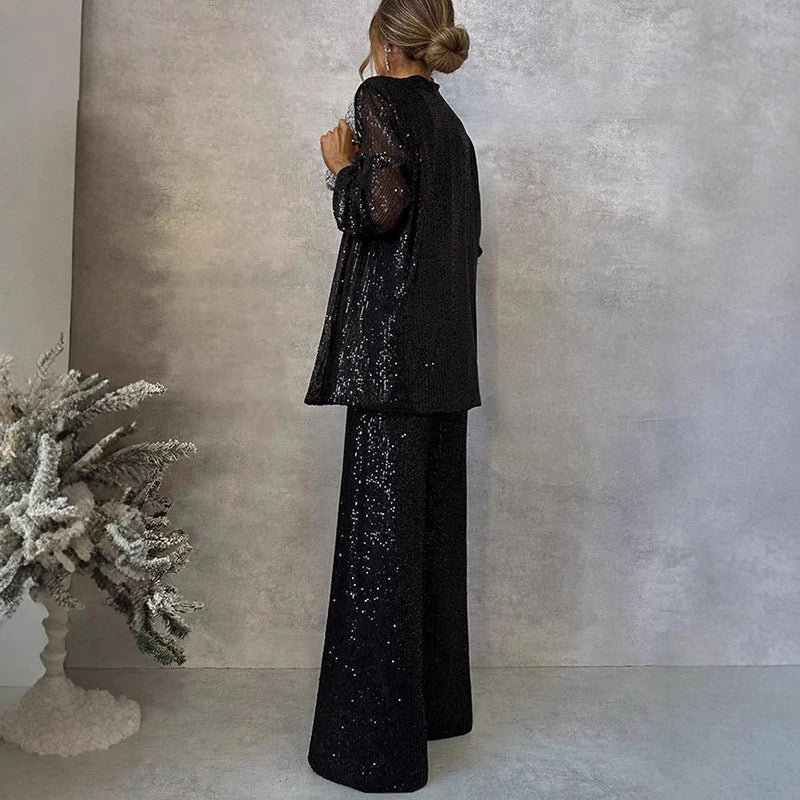 Women's Sequin Evening Set – Fitted Top & High Waist Party Pants Set