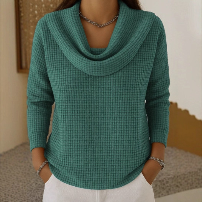 Women's Waterfall Neck Sweater – Waffle Knit Relaxed Pullover