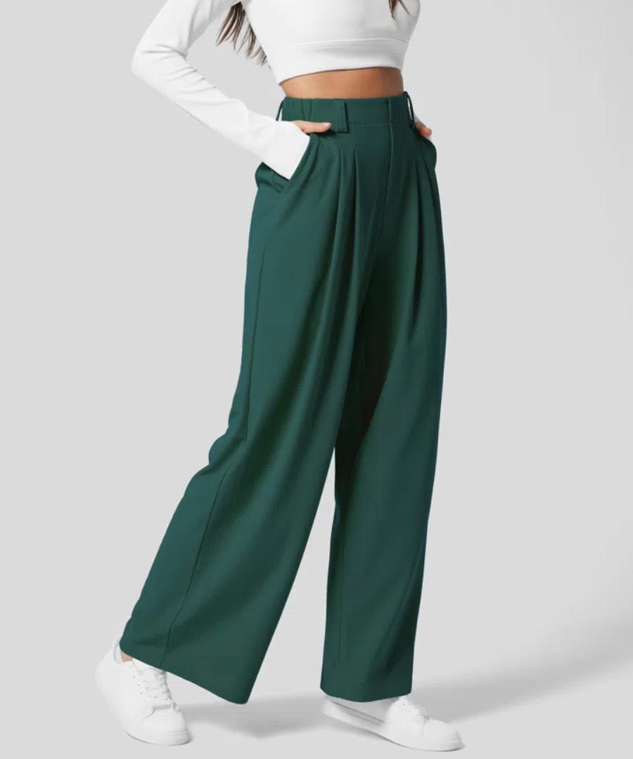 Women's High Waisted Four Pocket Pants – Elastic Waist Wide Leg Trousers