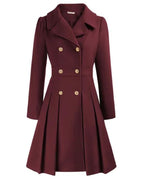 Women's Pleated Long Coat – Tailored Button Front Winter Overcoat