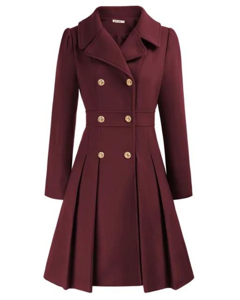 Women's Pleated Long Coat – Tailored Button Front Winter Overcoat