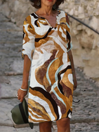 Women's Printed V-Neck Dress – Three-Quarter Sleeve Summer Dress