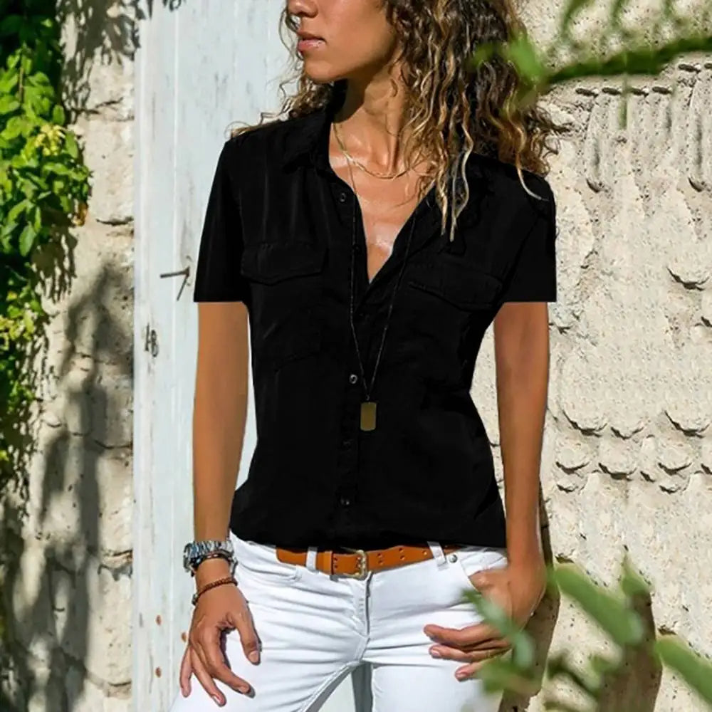 Women's Utility Pocket Blouse – Collared Short Sleeve Button Blouse