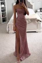 Women's Sweetheart Neck Maxi Dress – Sparkle High Slit Evening Dress