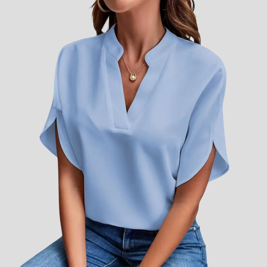 Women's Stand Collar Summer Blouse – Short Sleeve V-Neck Blouse
