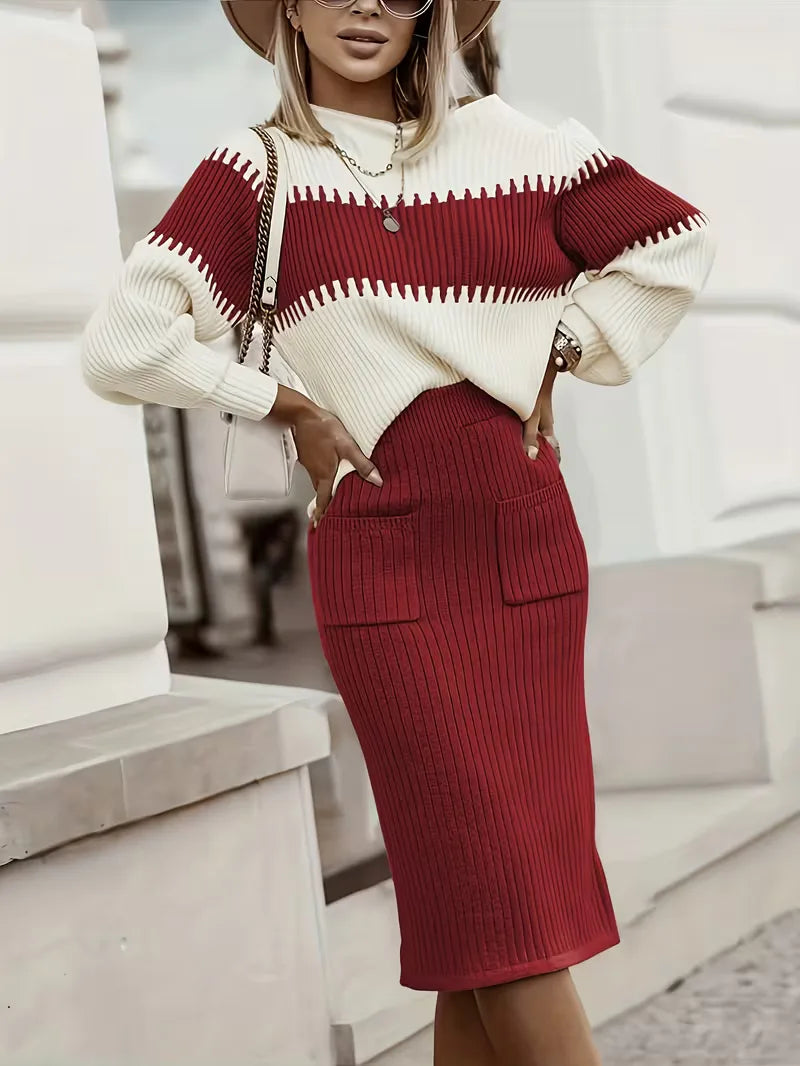 Women's Ribbed Knit Skirt Set – High Neck Sweater Co-Ord