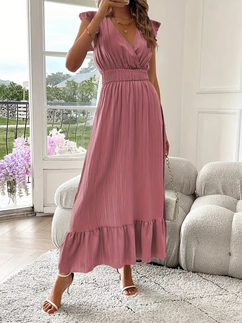 Women's V-Neck Tiered Evening Maxi Dress – Short Sleeve Smocked Waist Dress